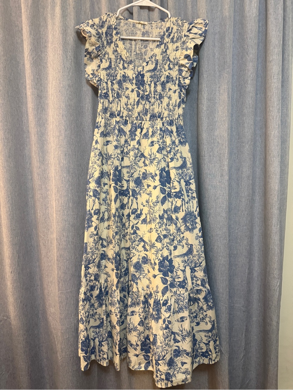 Blue and Cream Floral Maxi Dress with Smocked Bodice
